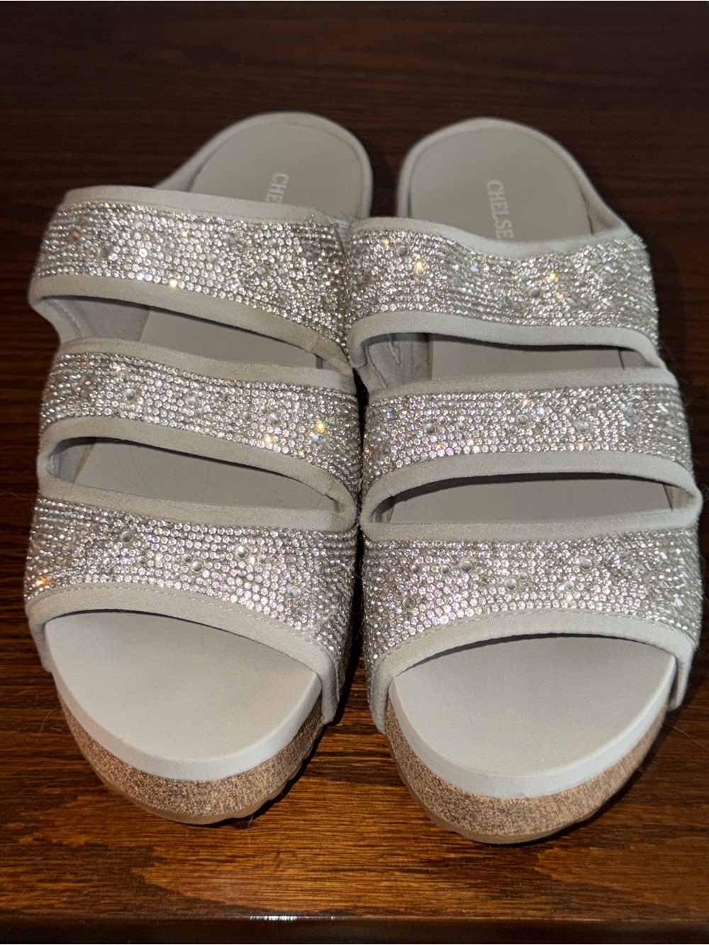 Chelsea & Violet Silver Crystal Triple-Strap Slide Sandals